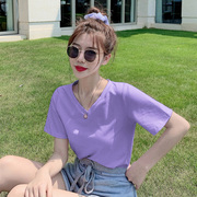 紫色t恤女夏季宽松大码v领短袖2023年纯棉，上衣纯色百搭ins潮