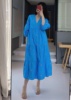 wmxz自制2022夏v领花朵，刺绣泡泡袖宽松荷叶，边长裙蓝色显白连衣裙