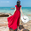 雪纺大摆连衣裙波西米亚加长款沙滩，裙红色蕾丝，长裙海边度假沙滩裙