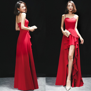 红色连衣裙高贵优雅气质名媛，性感吊带裙宴会修身长款晚礼服女