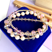 时尚韩版粉色水晶手链三层女款天然粉晶淡水珍珠多层手镯原创款