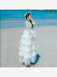蕾丝刺绣镂空连衣裙女学生夏季长款蓬蓬蛋糕，裙度假长裙子仙女白色