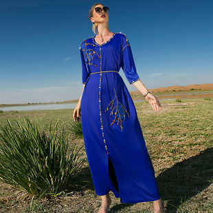 BA7022  宝蓝色缎面中袖长款连衣裙  迪拜旅游 女装