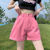 2024夏季玫粉色牛仔短裤女高腰a字版遮肉热裤卷边树莓粉牛仔裤子