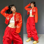 国潮宽松红色工装裤女kpop舞蹈爵士舞套装美式嘻哈街舞跳舞裤子冬