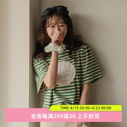 韩国直邮2024年夏装leelin森系蕾丝，抽褶花朵宽松圆领条纹短袖t恤