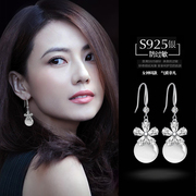 s925纯银珍珠耳坠长款气质，韩国水晶耳环时尚猫眼流苏耳钉