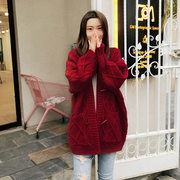 韩版牛角扣毛衣女，秋冬外穿开衫中长款宽松粗线加厚2022年针织外套