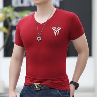 男短袖T恤V领薄款修身运动打底衫夏季冰丝莫代尔休闲上衣韩版印花