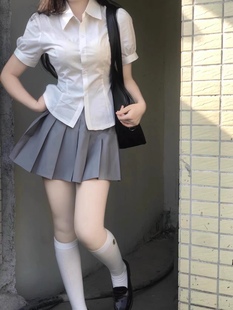 jk制服衬衫上衣女短袖，原创夏季学院风收腰，泡泡袖白色衬衣辣妹套装