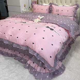 轻奢高级全棉纯棉，100四件套紫色床单公主风网，红粉色床上用品