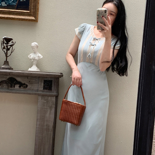 yufuren 古着vintage法式复古斜裁气质连衣裙 气质小众蕾丝拼接裙