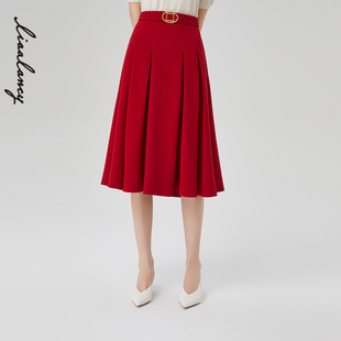 lancy朗姿俪雅2023春季高腰新年红色半身裙，女显瘦高级感裙子