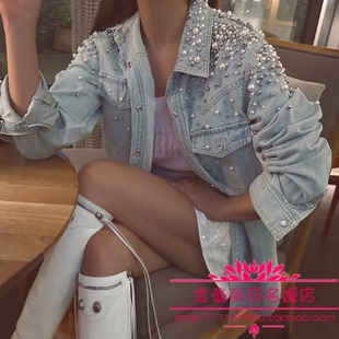 韩国23年定制款时尚奢，华轻奢钉珠水钻拼接牛布衬衫短外套