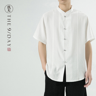夏季中式男装棉麻，中袖衬衫中国风，半袖上衣唐装盘扣短袖衬衣