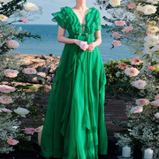 2024女神范，绝美度假绿色雪纺连衣裙礼服，长裙越南设计师
