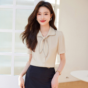 职业短袖香槟色衬衫女夏季韩版甜美淑女风系带雪纺衬衫上衣潮