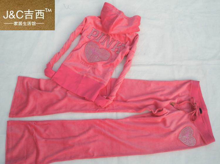 韩版<span class=H>pink</span>字母春秋长袖卫衣 天鹅绒运动套装女装连帽开衫烫钻包邮