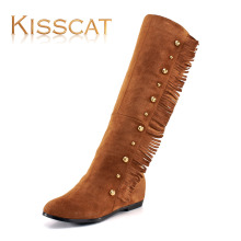 KissCat接吻猫专柜正品女鞋猪绒流苏内增高高筒靴子K684-07