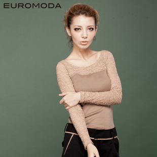  麦考林 女装 新款春装 蕾丝修身同色拼接圆领长袖T恤打底 女