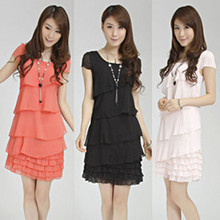 2012夏装新款 大码圆领短袖荷叶边纯色气质蛋糕雪纺连衣裙