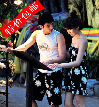 包邮实拍Stylestoker韩国情侣装黑色花朵绣花裙子+沙滩裤现货正品