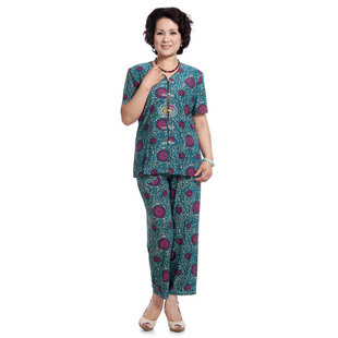  中老年服装妈妈套装 新款夏装 品牌女装 短袖嵌边太阳花套裤