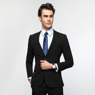  韩版G2职业男装新郎西服西裤G200#103黑色两扣无纹西装套装