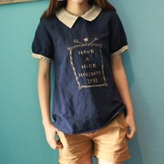 夏装 复古森系日系翻娃娃领小清棉麻T恤衫纯季女高中学生短袖