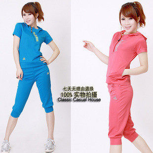 2010夏装adidas韩版连帽休闲运动服短袖运动套装女款1181X8065