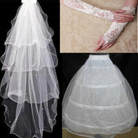 新娘结婚婚纱礼服3件套手套裙撑头纱白色，米白色演出配饰