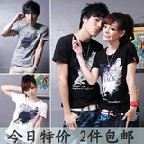 2012新款正品 韩版羽毛男女情侣短袖t恤衫宽松ql情侣装体恤夏装