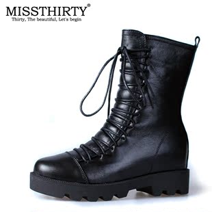 Missthirty冬欧洲站系带牛皮短靴厚底真皮马丁靴女英伦机车靴2210