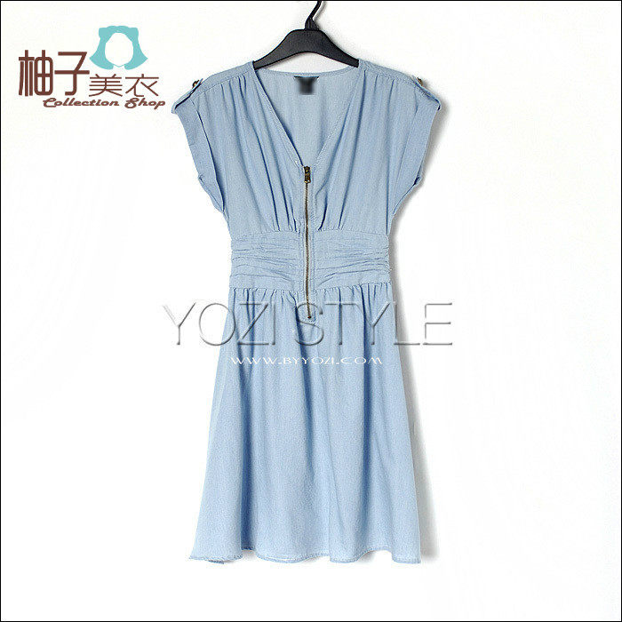 X468柚子美衣夏装2012韩版时尚女装X型V领拉链蝙蝠短袖牛仔连衣裙