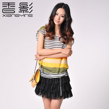 淘金币 香影夏装2012正品新款条纹蕾丝色彩拼接下摆连衣裙