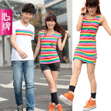 新品 心牌情侣装 夏装短袖T恤彩虹情侣衫2012新款夏装女装韩版L98