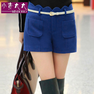  小资太太秋冬季女装新款韩版高腰毛呢短裤 黑色呢子靴裤K7005
