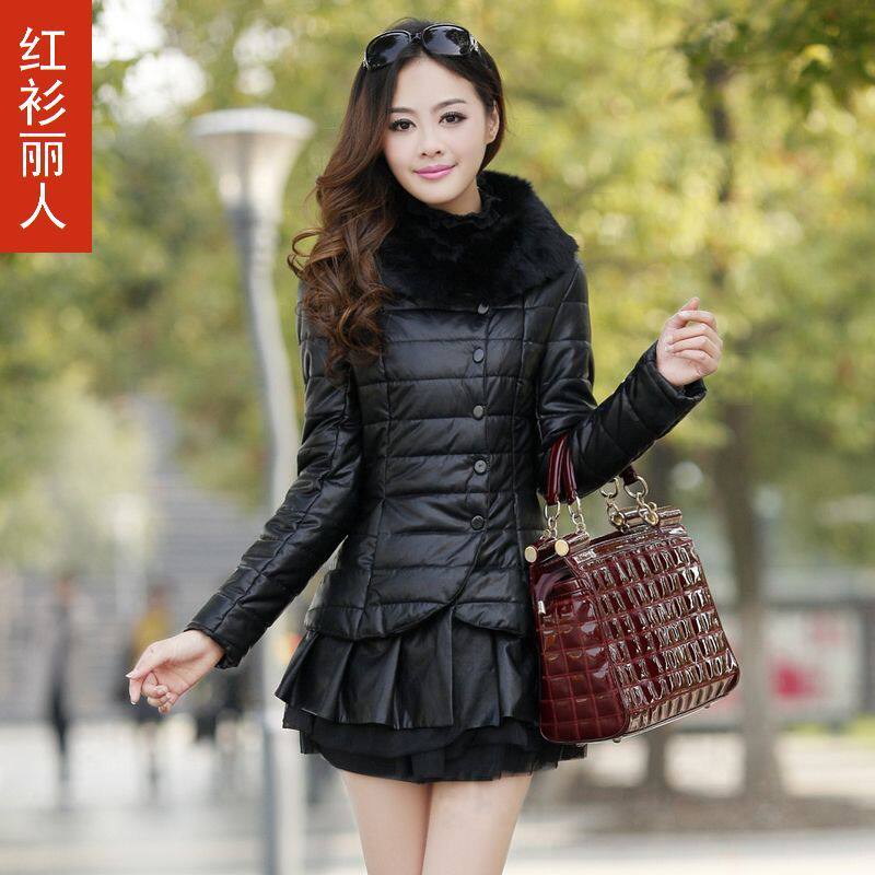 红衫丽人 秋冬新品 毛领加厚棉衣 女 韩版修身中长款棉袄PU皮棉服
