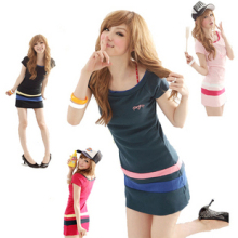 淑女屋新品09夏装日韩版热卖女装韩版女装蝙蝠长款拼色连衣裙子