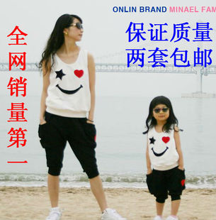  新款韩版笑脸亲子装夏装全家装夏季母女母子装套装一家三口