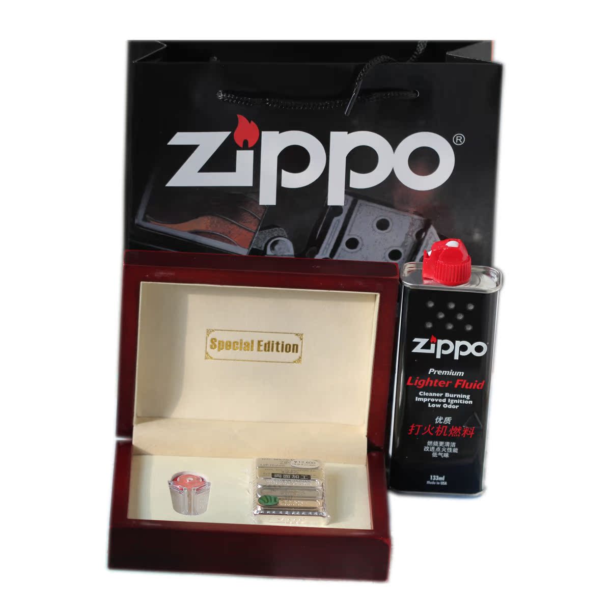 高档带套装:133ml油火石红木木盒手提袋 火机 zippo 礼盒 礼袋