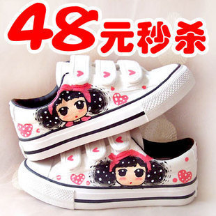  13新款韩版童鞋女童单鞋手绘帆布鞋蜡比小星儿童豆豆鞋公主鞋大码