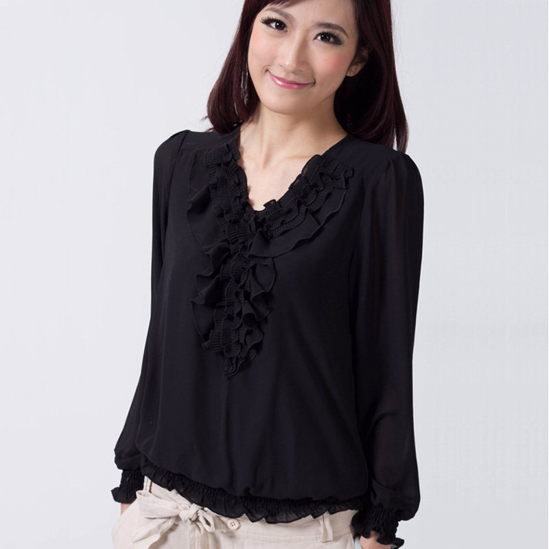 惠衣坊 真丝雪纺衬衫韩版大码衬衫 女 长袖 新款春装新品6078