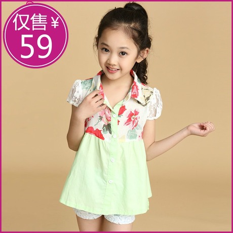 夏季童装中大女童前短后长短袖衬衫韩版儿童碎