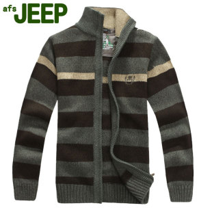  专柜正品 冬季新款afs  jeep 男装针织条纹开衫毛衣 加厚立领外套