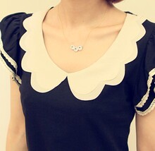 淘宝网2012夏季新款 甜美双层波浪娃娃领 拼色小飞袖蕾丝花边 短袖T恤