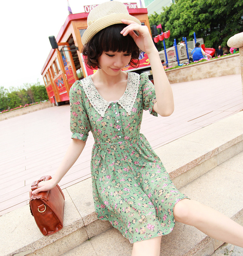 2013春夏装连衣裙钩花领甜美复古女装绿色碎花雪纺连衣裙