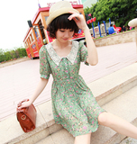 2012新款夏勾花领甜美短袖高腰印花vivi绿色碎花雪纺连衣裙 裙子