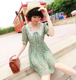 2012新款夏勾花领甜美短袖高腰印花vivi绿色碎花雪纺连衣裙 裙子