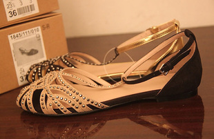  ZARA新款女鞋烫钻水钻镂空T型带 撞色包跟平底鞋平跟凉鞋女鞋子